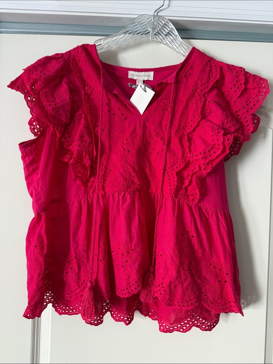 Jennifer & Grace Tops - Eyelet Ruffled Peplum Blouse in Hot Pink